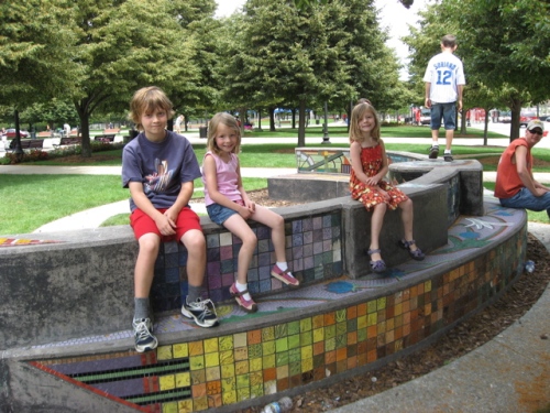An artful bench, using mosaic to illustrate the Chicago story...